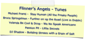 Flinner’s Angels - Tunes
Michael Franti -  Stay Human (All the Freaky People)Bruce Springsteen - Further on up the Road (Live in Dublin)Yolanda Be Cool & Dcup - We No Speak AmericanoPassion Pit - Little SecretsDJ Shadow - Building Stream with a Grain of Salt