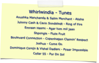 Whirlwindia - Tunes
Anushka Manchanda & Salim Merchant - Alisha
Johnny Cash & Carin Sundstedt - Ring of Fire
Emraan Hasmi - Agar tum mil jaao
Shpongle - Flute Fruit
Boulevard Connection - Copenhagen Claimin’ Respect
Joshua - Come On
Dominique Cerejo & Vishal Dadlani - Pyaar Impossible
Cellar 55 - Por Do Sol